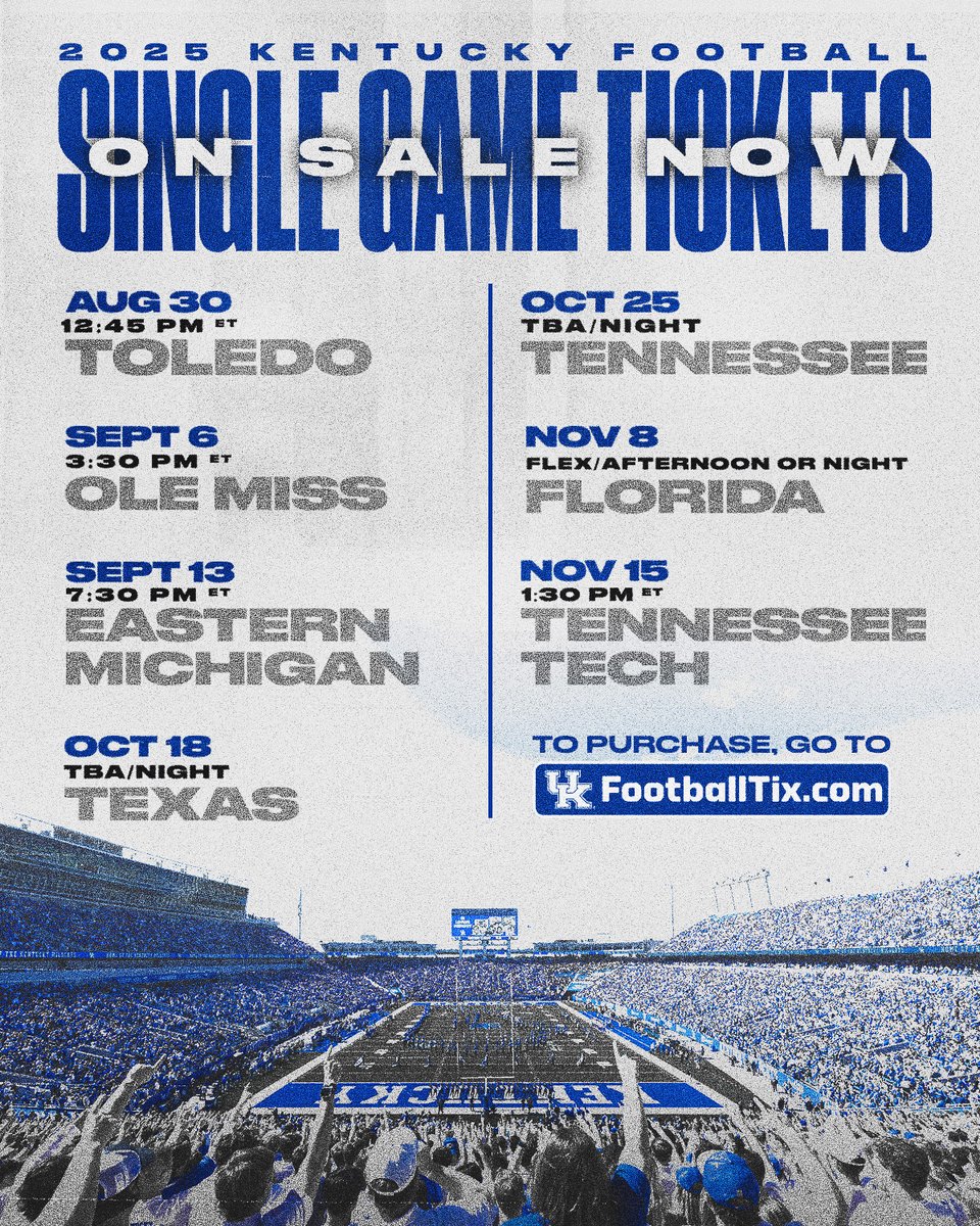 UKAthletics's tweet image. Primary-inventory single-game tickets for 2025 @ukfootball
home games are now on sale exclusively online via Ticketmaster⬇️
bit.ly/4eXEhUE
