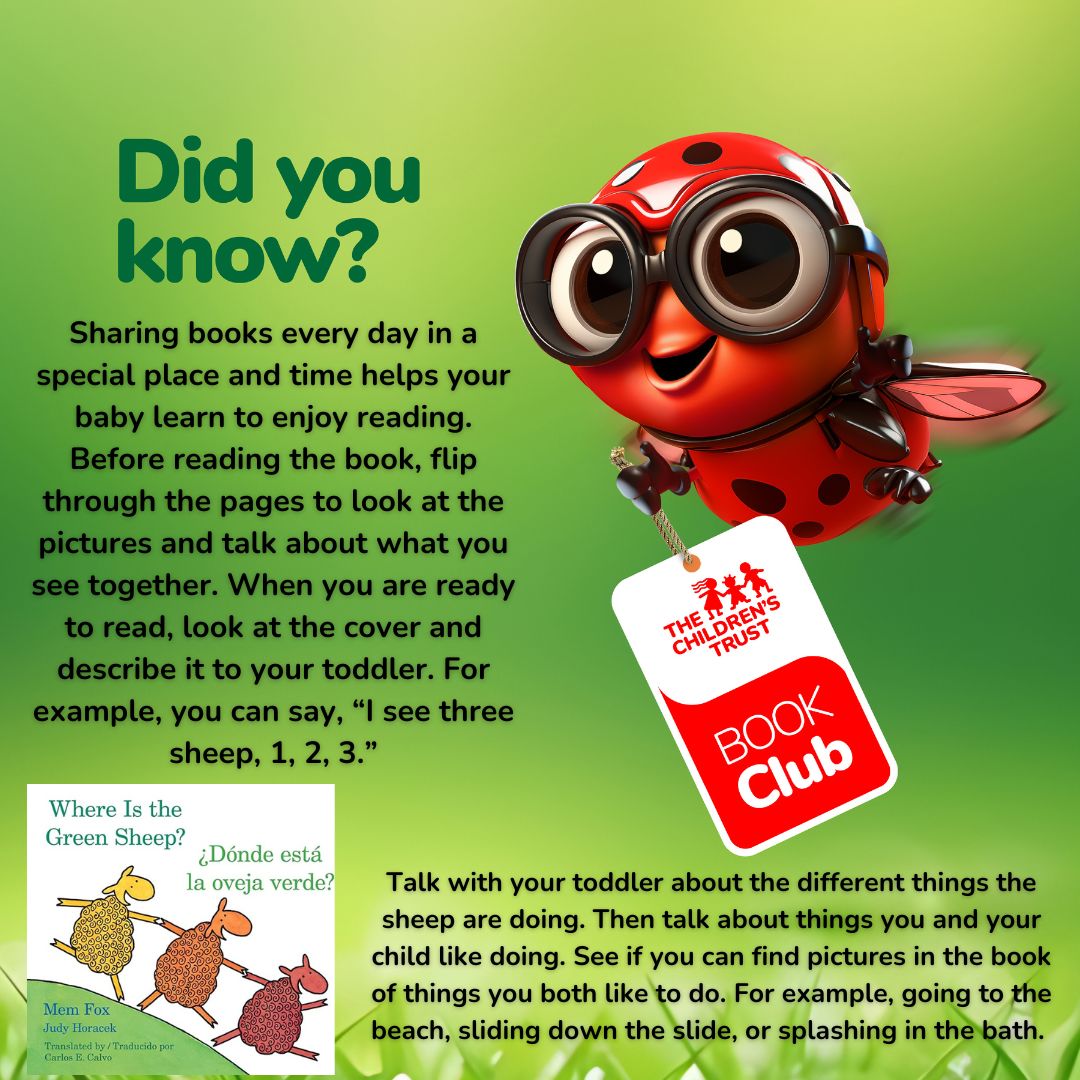 Hey Gigi! 🐞 Thanks for sharing this fun tip for parents when reading 𝑾𝒉𝒆𝒓𝒆 𝑰𝒔 𝒕𝒉𝒆 𝑮𝒓𝒆𝒆𝒏 𝑺𝒉𝒆𝒆𝒑? 🐑 💚 You can discover more tips and activities like this in our Book Club guide for two-year-olds . 📚 Reading books supports early literacy skills, promotes