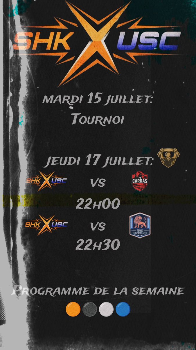 Programme de la semaine:

En LDS,  2 matchs au programme pour continuer notre progression des semaines précédentes et se rapprocher du top 4.

Rendez-vous une nouvelle fois dès ce soir sur le stream.

#ForzaSHKxUSC 🟠⚫️⚪️🔵

📽️twitch.tv/shkxusc
