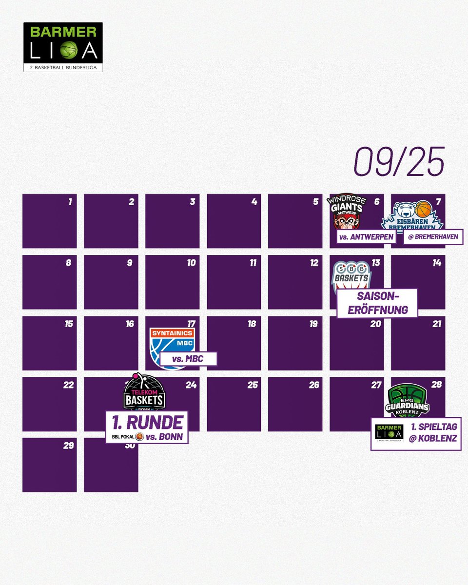 📅 Zückt eure Kalender - unser Vorbereitungsplan steht!

Das neue 🌸-Team startet am 13. August in die Preseason und absolviert zwei öffentliche und vier nicht-öffentliche Testspiele.

Mehr Infos: ⬇

📲 buff.ly/ZVvSauv

#wirsindgöttingen 
#basketball 
#proa