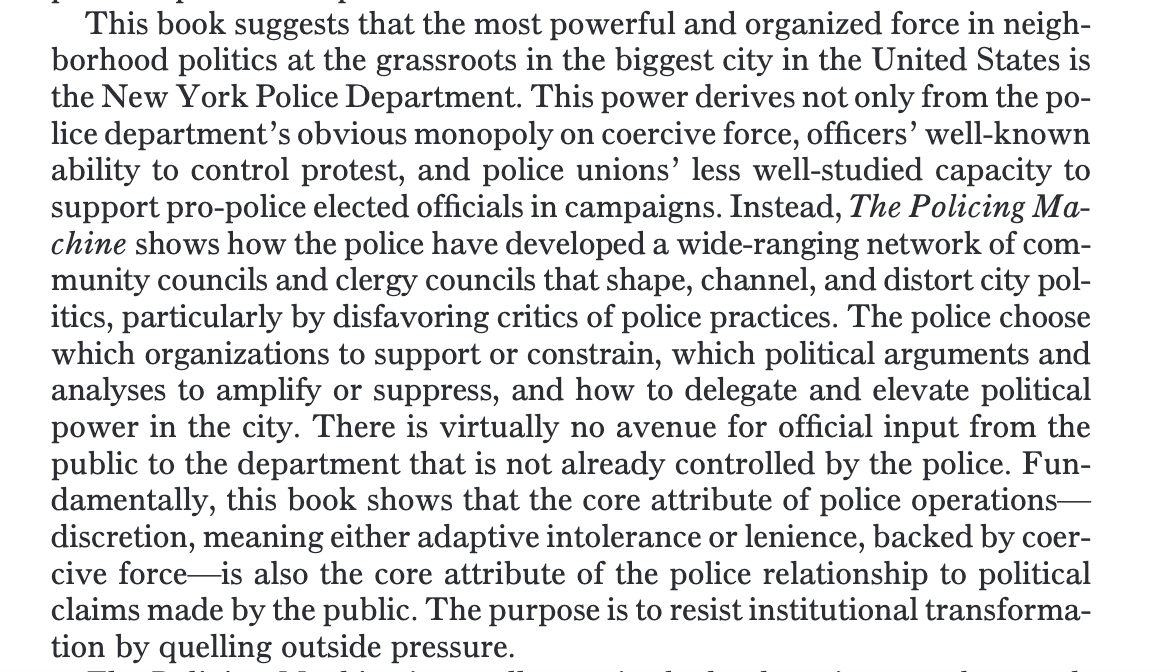 stschrader1's tweet image. I was pleased to review @tonykcheng's illuminating & excellent book The Policing Machine in the American Journal of Sociology. The book shows how the NYPD marshals particular forms of community input to manufacture support and resist reform. journals.uchicago.edu/doi/epdf/10.10…