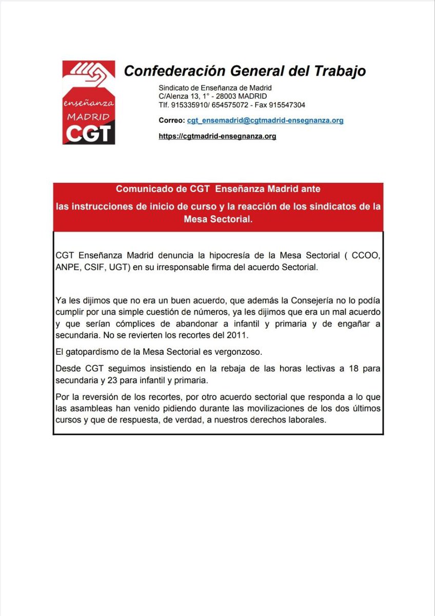🔴⚫️Comunicado de CGT Enseñanza Madrid ante las instrucciones de inicio de curso y la reacción de los sindicatos de la Mesa Sectorial 👉🔗 cgtmadrid-enseñanza.org/uncategorized/…