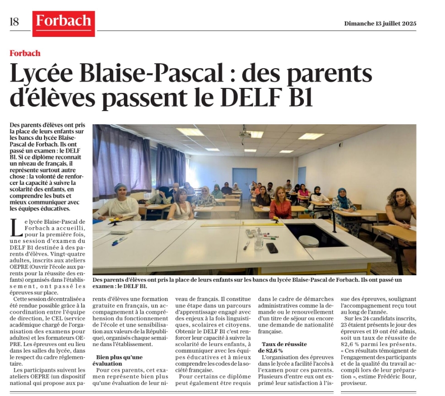 LBPascalForbach's tweet image. 🎓👏 24 parents d’élèves du lycée Blaise-Pascal à Forbach ont passé le #DELF B1 grâce aux ateliers #OEPRE.
82,6 % de réussite et une belle leçon d’engagement pour accompagner leurs enfants et mieux comprendre l’école.
#Education #Inclusion #Citoyenneté
@pf_mourier @cabbeke