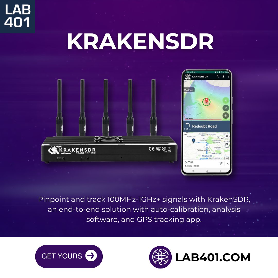 Lab_401's tweet photo. KrakenSDR: Effortlessly pinpoint &amp; track radio signals (100MHz-1GHz+)! 📡🎯 End-to-end solution: auto-calibration + desktop analysis + GPS tracking mobile app! 🧭💻📱 https://t.co/sTz2B7eAyi 
#KrakenSDR #RadioDirectionFinding #SDR #SignalTracking #Lab401 https://t.co/eG6z3Jhche