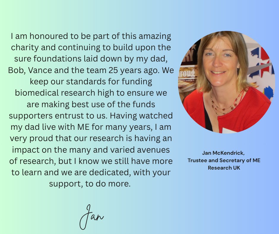 MEResearchUK's tweet image. Jan McKendrick, Trustee and Secretary of ME Research UK voices the commitment of all at ME Research UK to work (with your support) to do more to end M.E. by building on the surest of foundations.