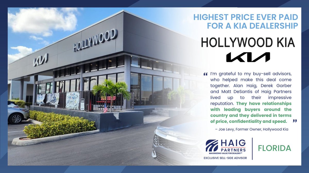 Last year, Haig Partners advised on the record-breaking sale of Hollywood Kia—the highest price ever paid for a Kia dealership. A standout store in South Florida, its success shows what’s possible with the right strategy.
hubs.la/Q03xxWNQ0