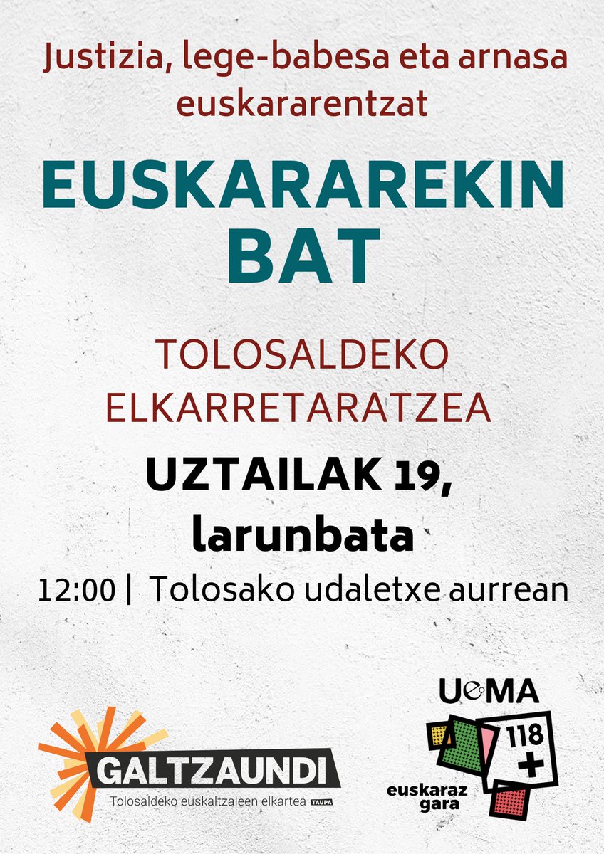Euskararen aurkako erasoa salatzeko elkarretaratzea deitu du Galtzaundik, UEMArekin batera. 

📌 Uztailak 19 (larunbata) | 12:00 | Tolosa | Plaza Zaharra

⛔ Euskaldunon aurkako erasorik, ez!

🫵 Anima zaitezte! #justiziaeuskararentzat
galtzaundi.eus/euskararen-aur…