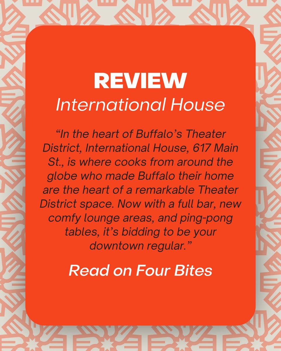 BuffaloFood's tweet photo. Make International House your new downtown regular. Enjoy cuisines from around the globe accompanied by a full bar, lounge area and public ping-pong tables.
Patrons can read this review on at https://t.co/IicQRGChMT.
#intlhouse #fourbites #buffalofood https://t.co/r5n5FRjy0u