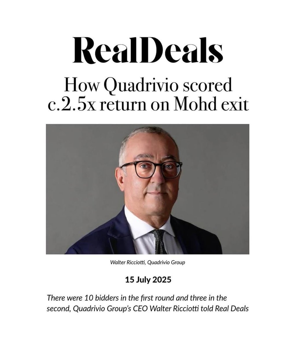 Quadrivio Group (@quadriviogroup) on Twitter photo Intervista a <a href="/WalterRicciotti/">Walter Ricciotti</a>. Il CEO #QuadrivioGroup parla della cessione di #Mohd, realtà italiana specializzata della vendita e distribuzione online di arredi di altagamma.
*
Fonte: Real Deals - 15.07.2025 Intervista a <a href="/WalterRicciotti/">Walter Ricciotti</a>. Il CEO #QuadrivioGroup parla della cessione di #Mohd, realtà italiana specializzata della vendita e distribuzione online di arredi di altagamma.
*
Fonte: Real Deals - 15.07.2025