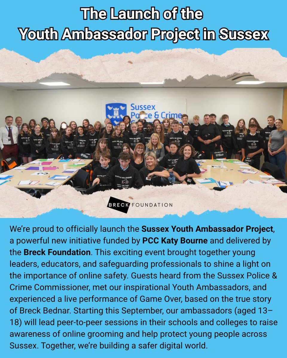 BreckFound's tweet image. We officially launched the Sussex Youth Ambassador Project! An initiative funded by PCC @KatyBourne and delivered by us! Our ambassadors will lead peer-to-peer sessions in their schools & colleges to raise awareness of online grooming and help protect young people across Sussex.