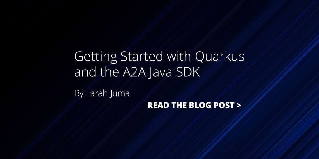 QuarkusIO's tweet image. We've released A2A Java SDK 0.2.3.Beta1. This makes it possible to quickly get started with Quarkus and A2A.
Learn more about this on Farah Juma's blog post: buff.ly/Myr4Zk0