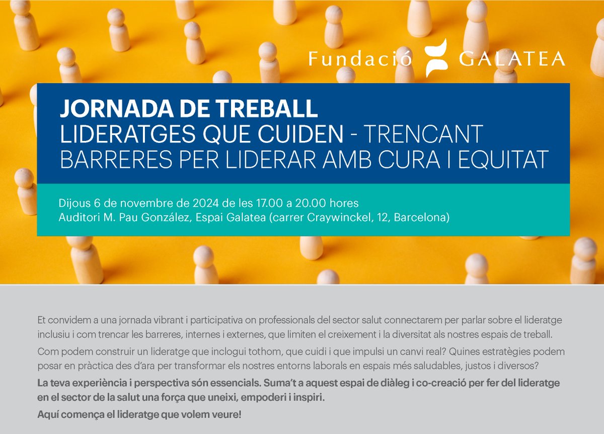 FundacioGalatea's tweet image. 🤩Il·lusionats d'anunciar que celebrarem una jornada de treball sobre #LideratgeInclusiu!
✅La jornada busca promoure maneres de liderar més justes i igualitàries en l'àmbit de la salut, i tindrà lloc el 6 de novembre a l'Espai Galatea.
🔎Més info👉f.mtr.cool/zuygzgzudg