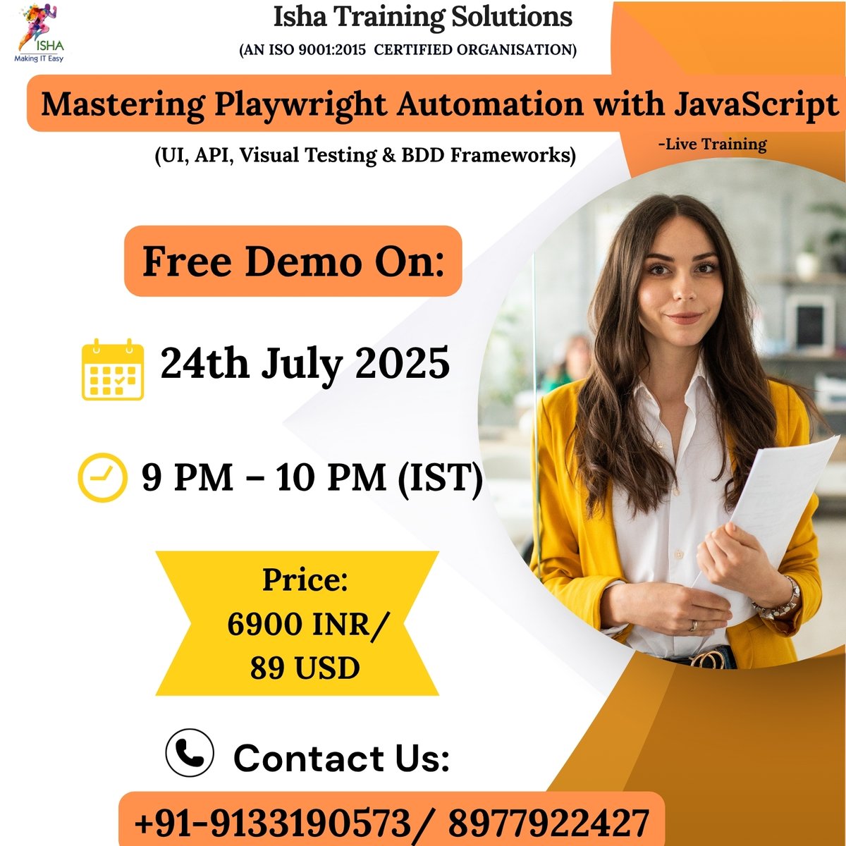 IshaKumargupta's tweet image. Isha Training Solutions presents “Mastering Playwright Automation with JavaScript”–Live Training Free Demo On: 24th July @ 9PM(IST)/24th July @ 11:30 AM(EST) 
You can register by the below Link docs.google.com/forms/d/e/1FAI…
Call/WhatsApp:+91-9133190573 
#PlaywrightJS #PlaywrightTesting
