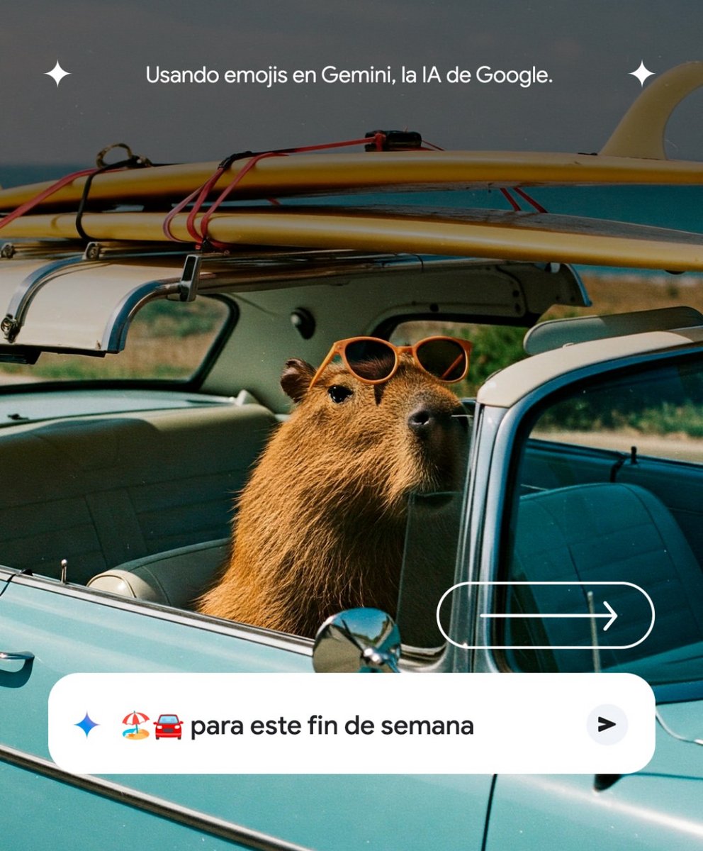 📅En el #DíaDelEmoji TIENES que probar esto que seguro no sabías😱👇

Habla con Gemini usando solo emojis:

Solo escribe:🏖️🚘 para este fin de semana
Y te sugerirá ideas de lugares para ir😍

Ve a probarlo✨→ goo.gle/PruebaGeminiIA