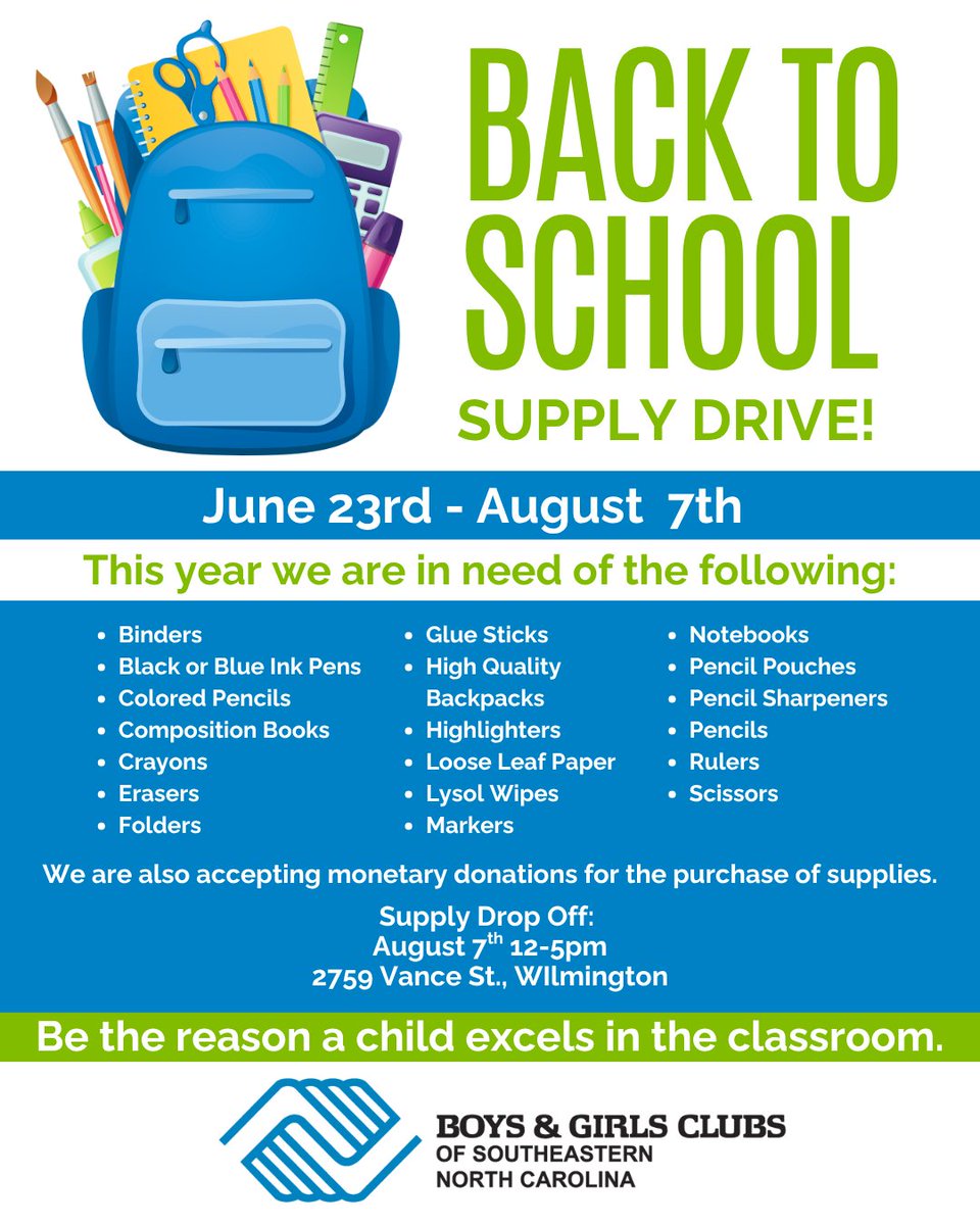📣 Our Back-to-School Supply Drive is going strong! ✏️🎒

Help Club kids start the year confident and ready to learn.

To donate or get involved:
📧 adelabio@bgcsenc.org
📞 (304) 991-8373

#BGCSENC #BackToSchool #SchoolSupplyDrive #GreatFuturesStartHere