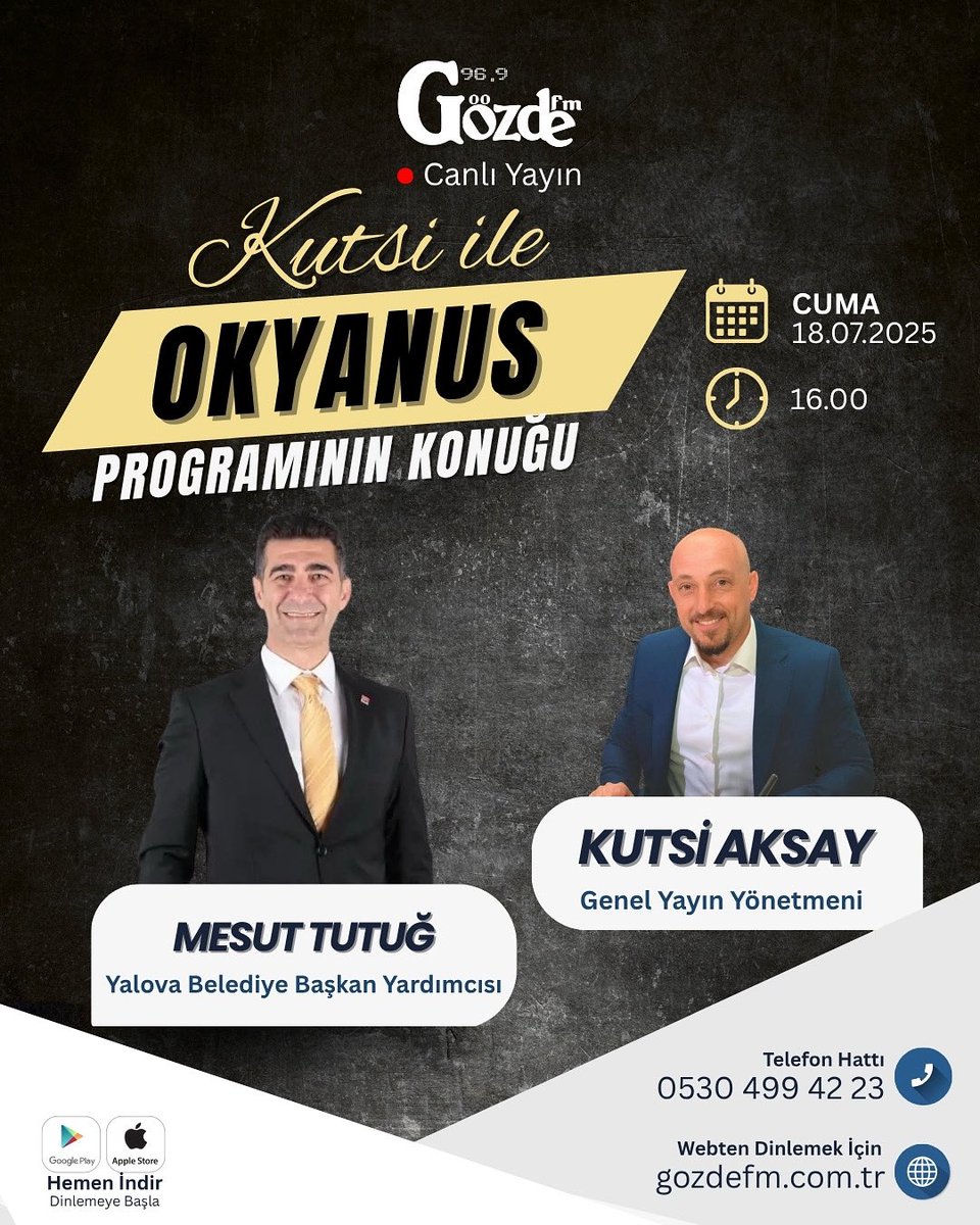 Yarın Cuma Günü Yalova Gözde FM de Kutsi ile Okyanus Program konuğu Yalova Belediyesi Toplumsal Hizmetlerden sorumlu Başkan Yardımcısı Mesut Tutuğ olacak. 96.9 Frekansından gozdefm.com.tr den Akıllı Telefonlarda ki Aplikasyonlarımızdan dinleye bilirsin.