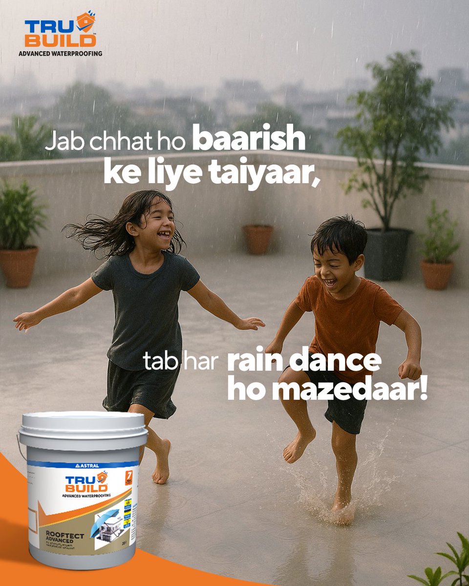 AstralTrubuild's tweet image. Masti doesn’t pause for the rain, especially when your roof is sealed right!
Choose Trubuild’s Rooftect Advanced for monsoon-ready homes.

#Astral #AstralTrubuild #Trubuild #Waterproofing #AdvancedWaterproofingSolutions #WaterproofingSolutions #RoofWaterproofing #RooftectAdvanced