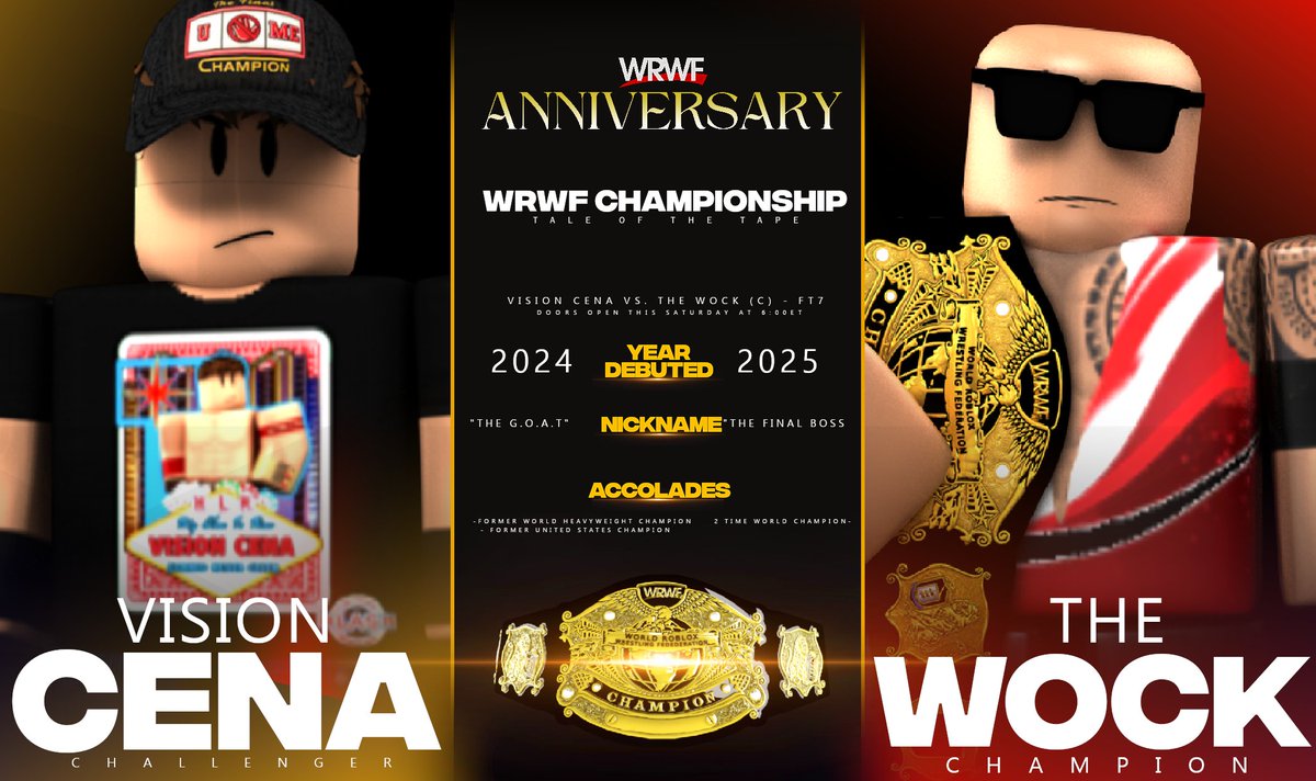 TALE OF THE TAPE! 🚨

<a href="/VishTrey14/">Vision Cena</a> vs. <a href="/willsobased/">will power</a> for the WRWF World Championship at #Anniversary! Side-by-side stats, two men who have fought their entire careers for this moment, one prize. Who will walk out champ? 🤔

This Saturday, 6:00ET, Streaming LIVE!

#WRWF2025