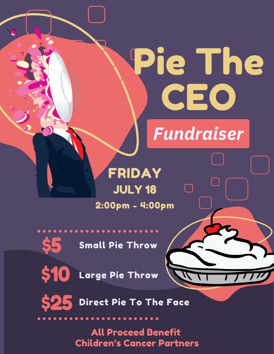 🥧💥 PIE THE BOSS! 💥🥧

Take aim at our CEO, Bob. For every pie that smacks him in the face or results in a direct face plant, Bob will MATCH your donation.
That means double the impact!

✔ Throw a pie
✔ Hit Bob’s face
✔ Get into his wallet
✔ Support a great cause