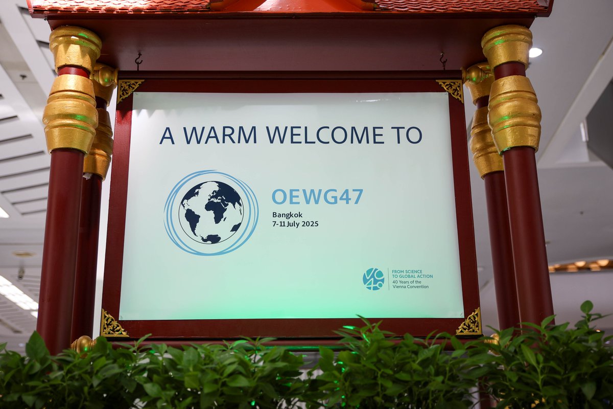 UNEPozone's tweet image. Parties to the #MontrealProtocol met in Bangkok, Thailand from 7-11 July at the #OEWG47 to discuss continued and increased ozone layer protection. Many of the agenda items covered during the week resulted in draft decisions which will be considered at #MOP37 which will convene…