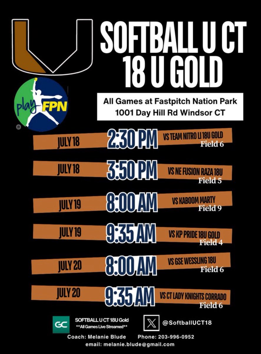 This weekend my team will be in CT at FPN. Schedule is below. I will also be playing with the 16u team Sunday at 2:20 &amp; 3:55. Hope to see you there! <a href="/SoftballUCT18/">Softball U CT 18U Gold</a>