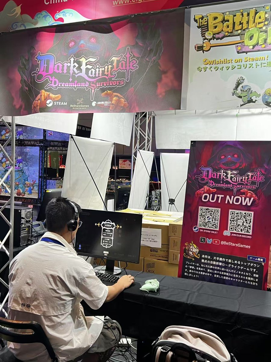 BeStarsGames's tweet image. Booth is ready for BitSummit! 🎮✨

BeStars Games will be at booth [SV-06] from July 18-20!
Come try our roguelike game — Dark Fairy Tale: Dreamland Survivors and dive into a dark, whimsical world full of surprises.

We look forward to your visit! 🖤🎆
#BitSummit #IndieGame
