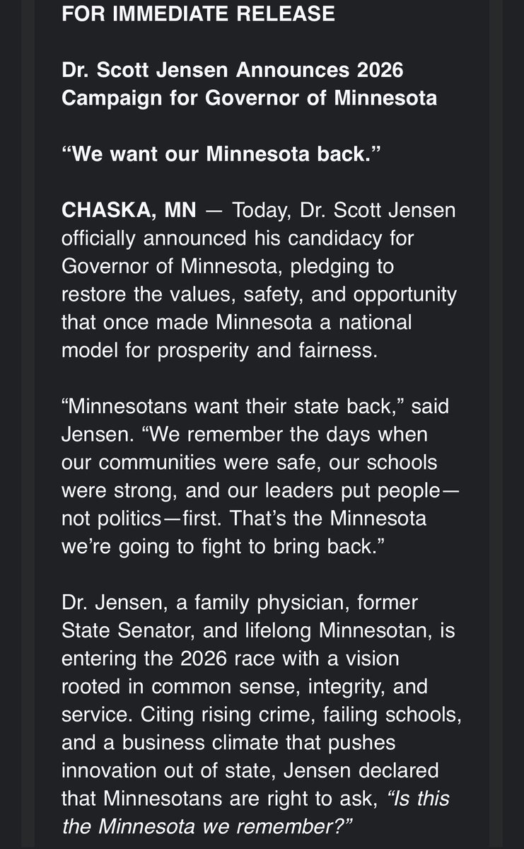 Inbox: Former Sen. Scott Jensen announced this morning that he’s running for Minnesota governor again. 

In 2022, Gov. Tim Walz beat Jensen by eight percentage points.