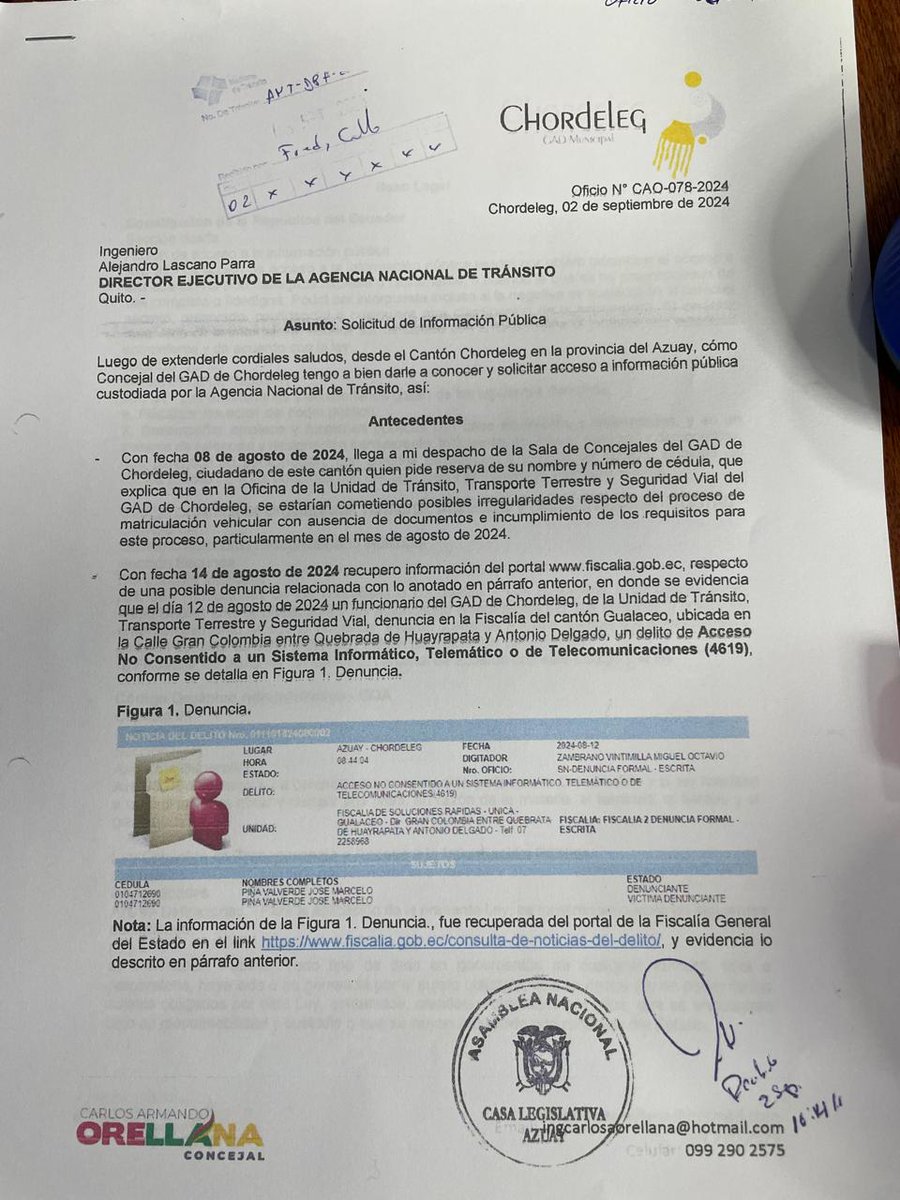 WRadioEc's tweet photo. El 02 de septiembre 2024, remití un documento al entonces director de la ANT al Ing. Alejandro Lascano, solicitando información ya que hubo una denuncia, de acceso no consentido a un sistema informático que maneja Chordeleg.
#Chordeleg #IrregularidadesMatriculación #WRadioEc #LaHoraClave