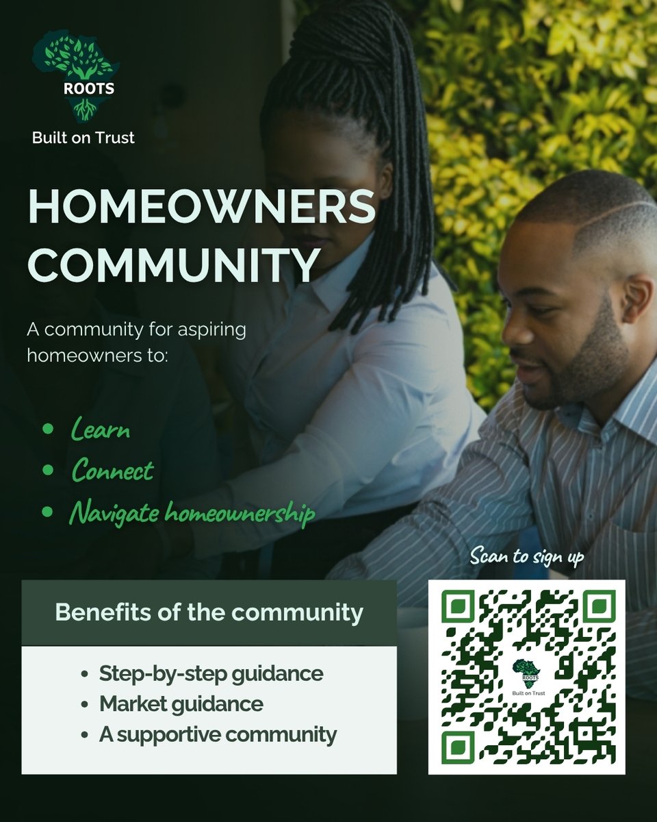 Join our Roots Africa Homeowners Community – a space where aspiring homeowners like you can start homeownership journey ✨

Ready to take your first step? Sign up 👉 2e8utm.share-eu1.hsforms.com/2nnCKjOf3QB62O…

#Homeownership #KenyaRealEstate #InvestInKenya #PropertyKeny #Community #RootsAfrica