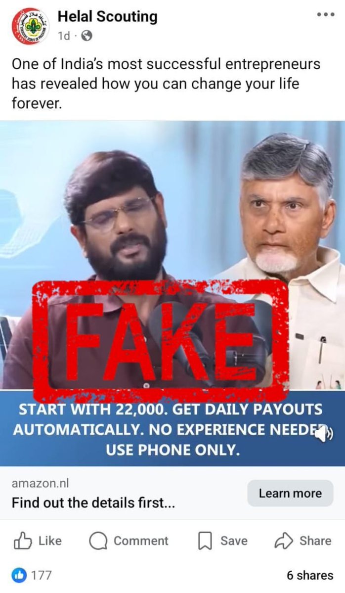 Shocked to see a fake, AI-generated video featuring a popular Sr.Journalist and our CM Shri Nara Chandrababu Naidu garu, falsely promoting a scam offering massive investment returns.

Let me be very clear — this is a complete fraud.

Criminals misusing deepfake tech to deceive