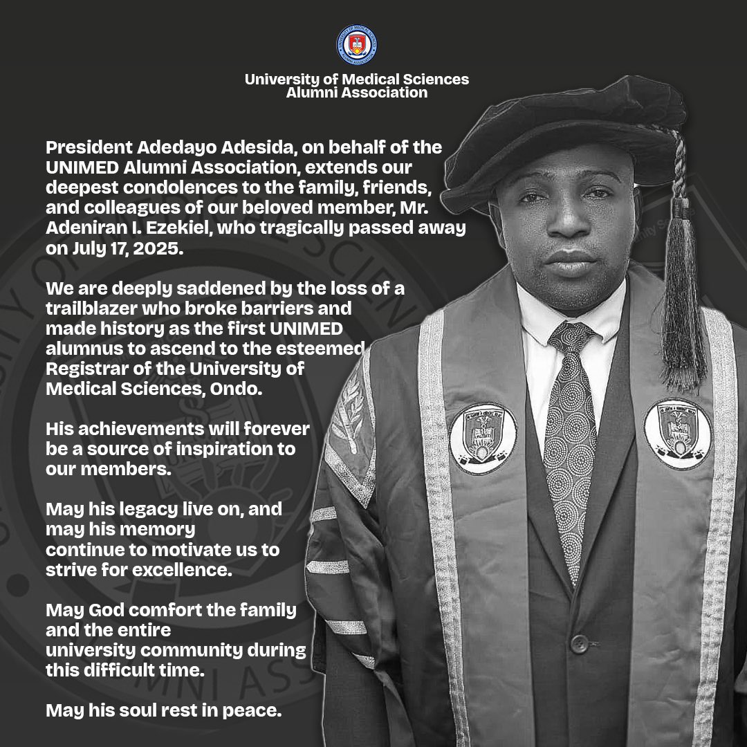 unimed_alumni's tweet image. With heavy hearts, we mourn the loss of Mr. Adediran L. Ezekiel, Registrar of UNIMED, Ondo.
His legacy lives on in the university he helped build and the people he inspired.
We offer our deepest condolences to his family and friends.
🕊️Rest well, sir. Your light will never fade.