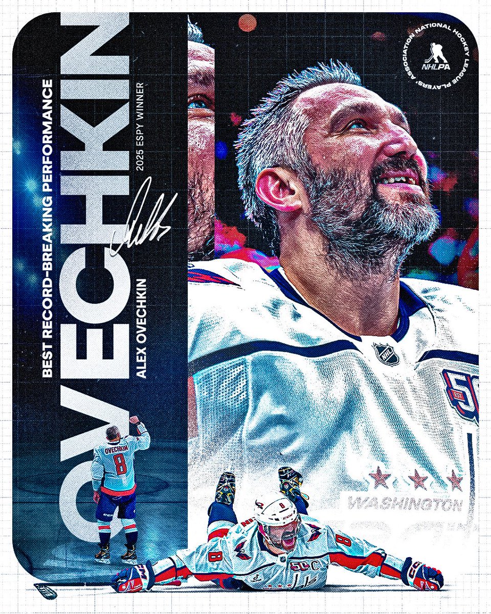 NHLPA's tweet image. No Gr8-er performance 🐐
Congratulations to Alex Ovechkin, the first NHL player to ever take home Best Record-Breaking Performance at the #ESPYS!