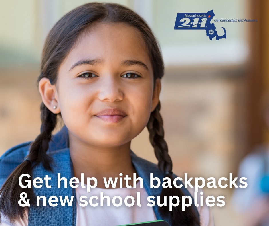 Mass_211's tweet image. Worried about the cost of Back-to-School shopping? Mass211 can help you find essentials for free.
Dial 211 from any phone in Massachusetts, anytime 24/7, or visit our website, mass211.org. 🔎 Click on Resources - Search Now ▶ Education ▶ School Supplies.