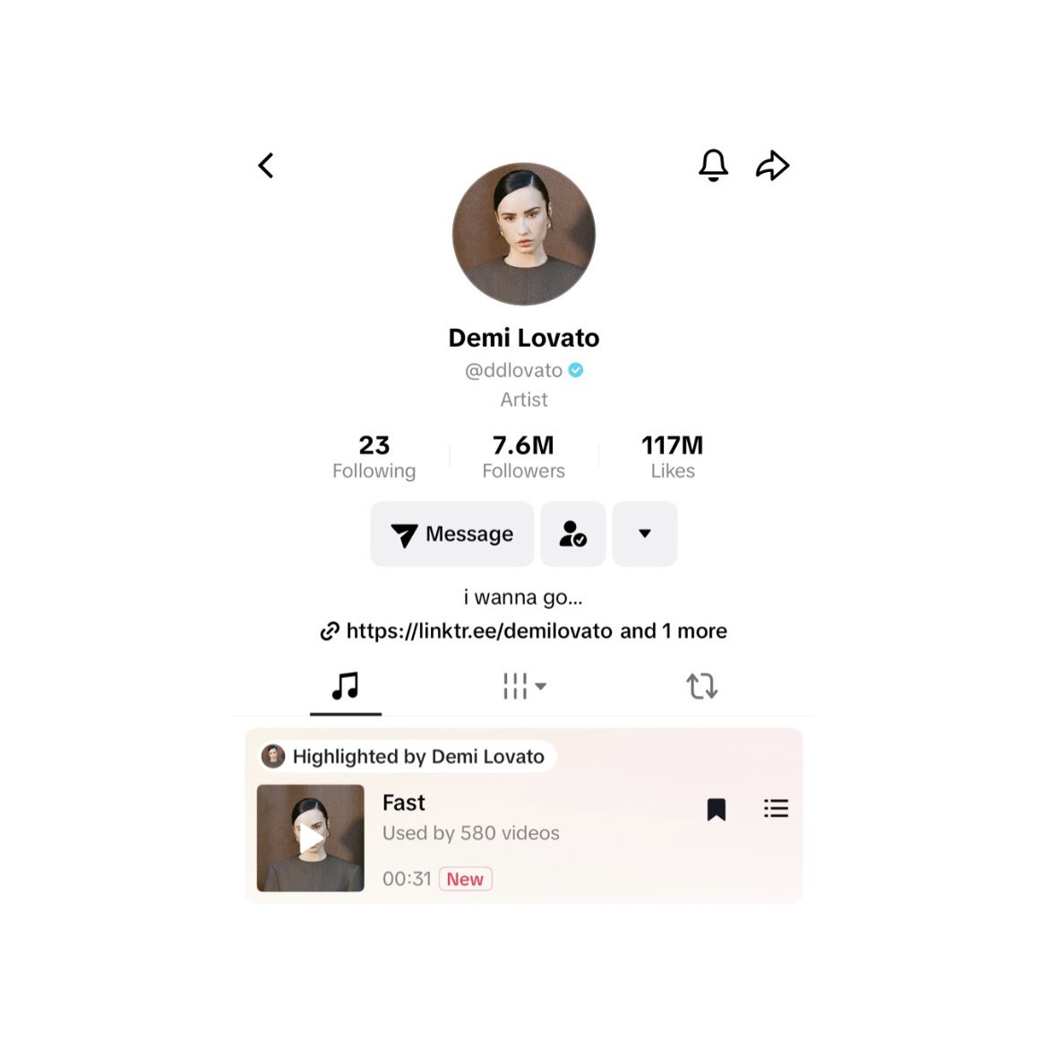 dlcharts's tweet image. “Fast” is now highlighted on Demi Lovato’s TikTok profile.