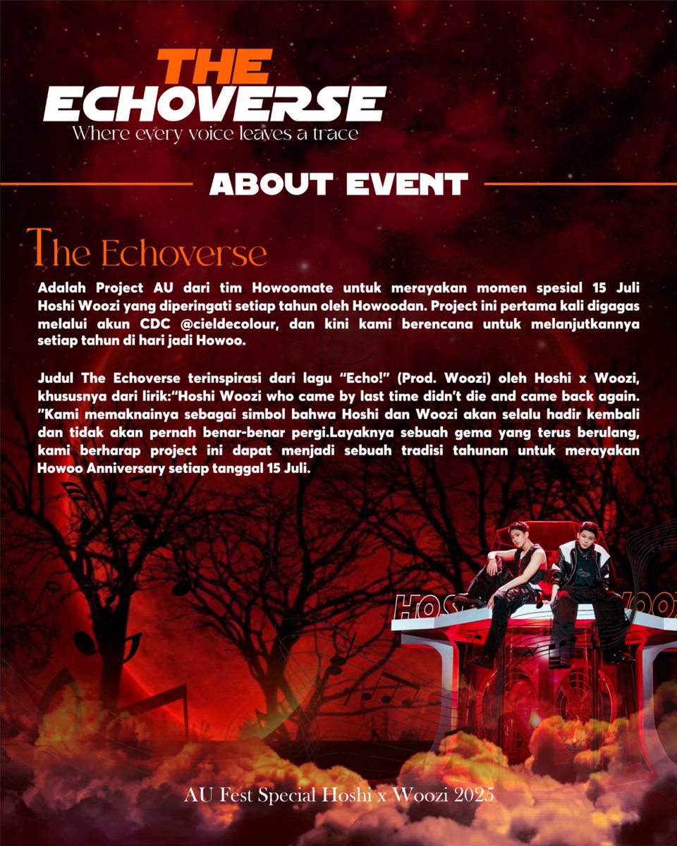 howoomatee's tweet photo. 🎬Selesai sudah project kami "The Echoverse” Howoo AU Fest 2025 dalam rangka merayakan Anniversary Howoo setiap tanggal 15 Juli 💐

📖The Echoverse hadir sebagai bentuk kecil dari cinta yang besar dari kami para Howoodan/Soonhoonist kepada Two Captain "Hoshi & Woozi"❤️🖤

🫧Terima kasih untuk semua panitia, para beta readers, para author yang terlibat dalam proses penulisan narasi dan howoodan/soonhoonist yang ikut mendukung dan merayakan project ini dari awal sampai terlaksana dengan baik, sehingga dapat berjalan lancar sampai akhir 👏🏻

Dimohon untuk terus memberikan dukungan kepada para author yang terlibat ya! Kalian bisa memberikan komentar positif di semua Howoo AU yang kami upload di Wattpad agar mereka terus berkarya untuk menulis sampai akhir 💫

See you on the next project guys! 
Untuk mengisi kekosongan moment Hoshi & Woozi karena ditinggal wamil 💔

Kalau mau nulis kesan dan pesan selama project ini berlangsung boleh banget dengan reply tweet kami, siapa tau bisa kasih energi positif ke kami!

#THEECHOVERSE
#HOWOOFEST2025
#SOONHOONAU