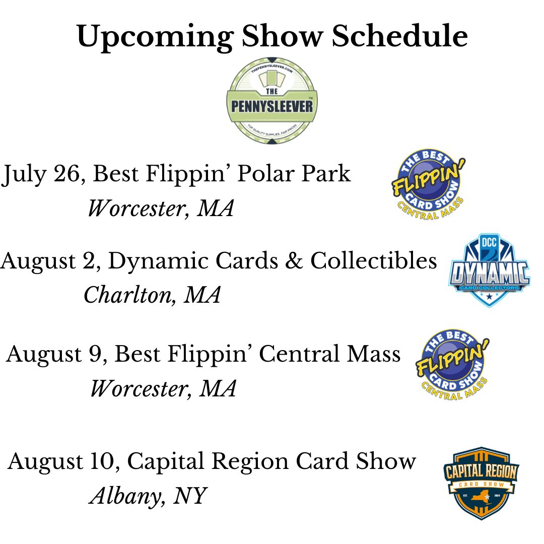 ThePennysleever's tweet image. As we hit the midpoint in July, Team Pennysleever felt it was time to update our show schedule. After a weekend off to watch Hobbypalooza, we have three weekends in a row planned, including a couple of great shows in Worcester with @flippincardshow, a return to the amazing…
