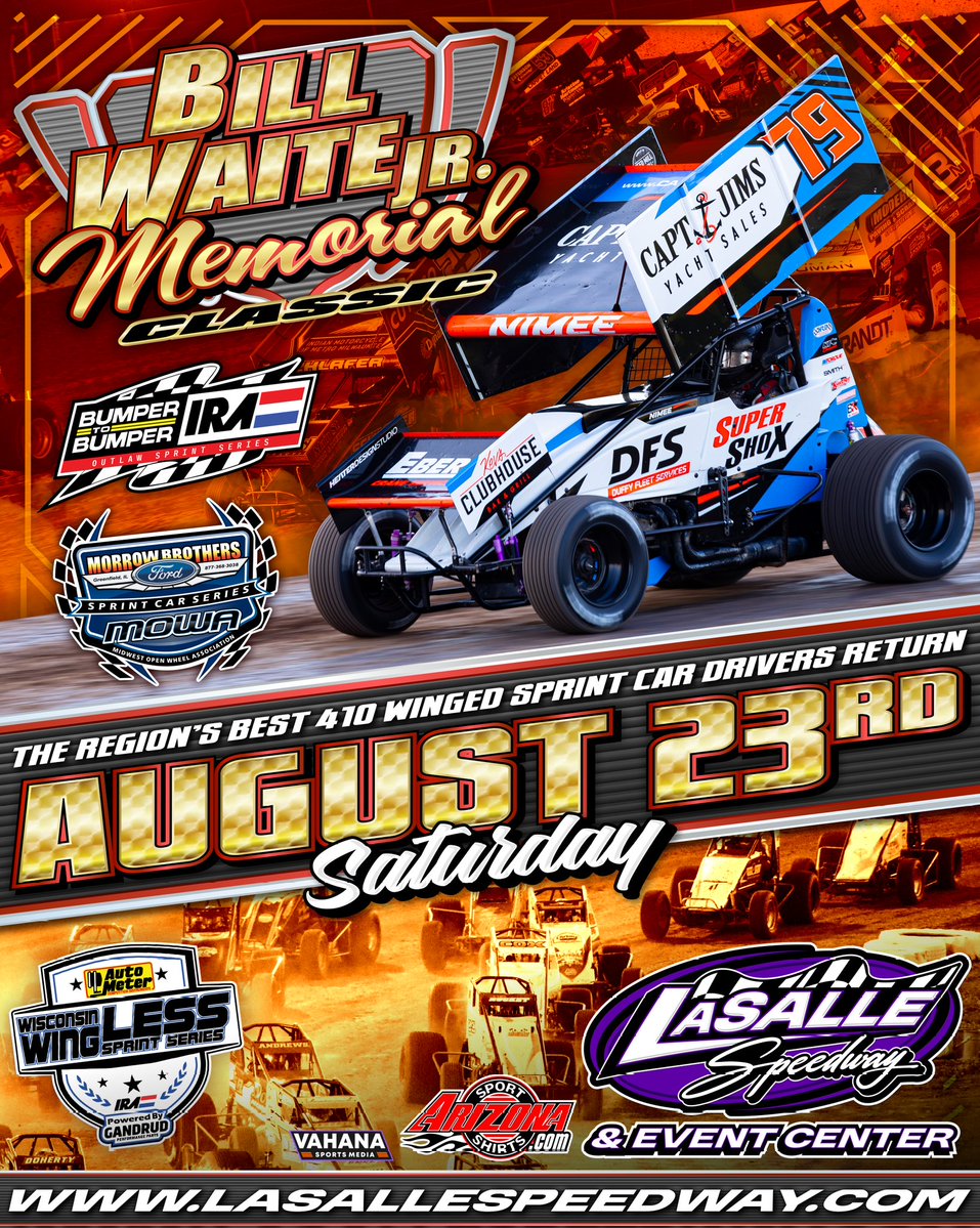 The <a href="/LaSalleSpeedway/">LaSalle Speedway</a> will welcome back the Bill Waite Jr. Memorial on Saturday, August 23rd. <a href="/IRA_sprints/">IRA Sprints</a>, <a href="/mowasprints/">Midwest Open Wheel</a>, and  <a href="/WI_WingLESS/">Wisconsin_WingLESS</a> whip around the highbanks of LaSalle. Tickets on sale soon, so check out lasallespeedway.com for more information.