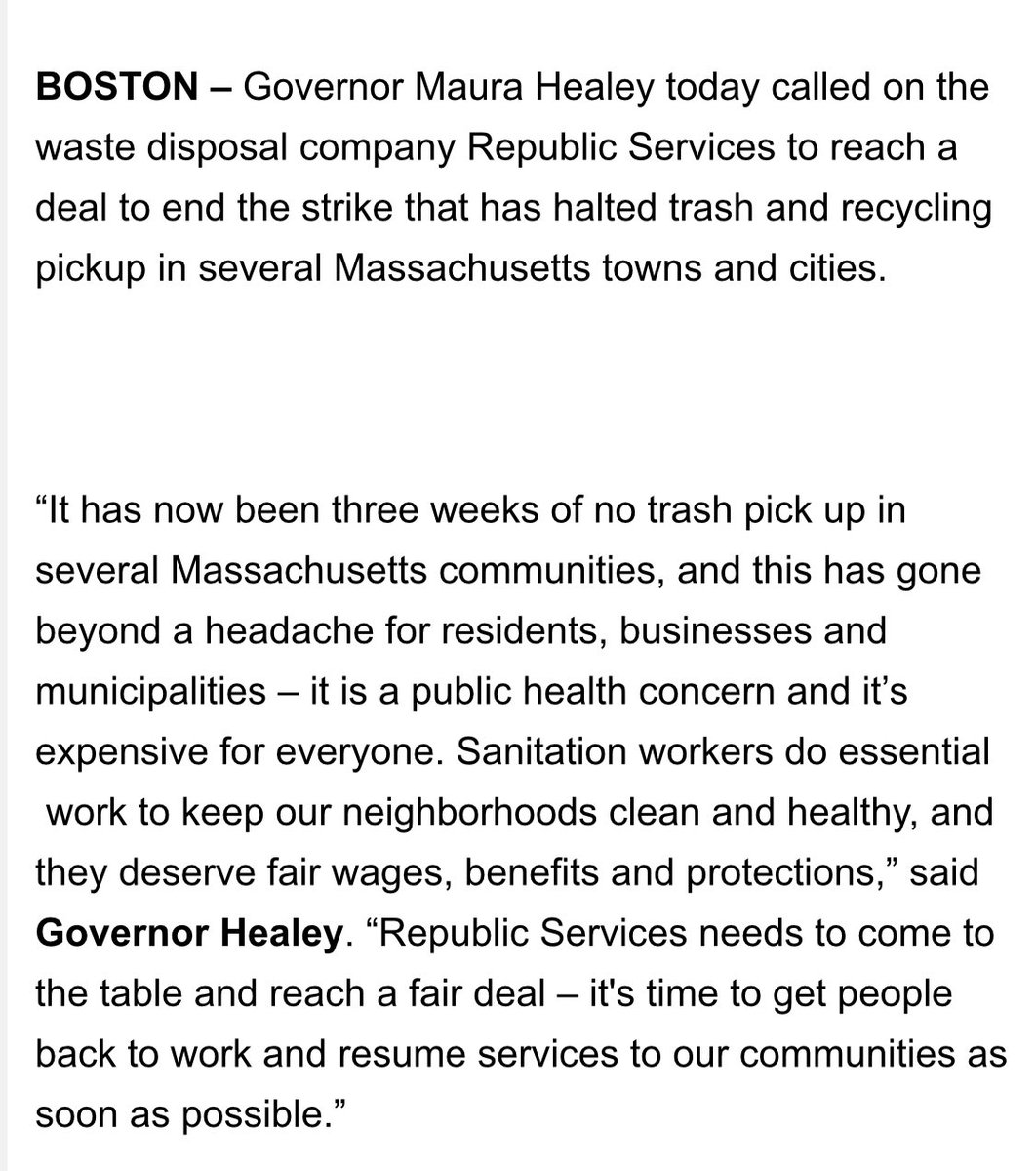 MattPStout's tweet image. INBOX: @MassGovernor enters fray on trash strike, calling on Republic Services to reach a “fair deal” with striking Teamsters workers #mapoli