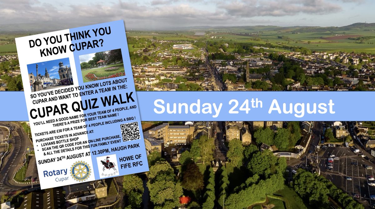 Love quizzes? Love BBQs? This is for you! Sun 24th August, teams of four assemble at 1230 in Cupar's Haugh Park  for a walking quiz followed by a BBQ at the Rugby Club. There are prizes for the quiz and for the Best Team name! Read more and sign up via bit.ly/CuparRotary-Qu…