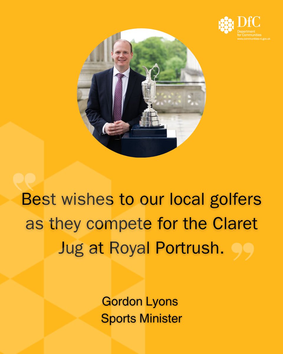 CommunitiesNI's tweet image. Today is the day!

Minister @GordonLyons1 sends his best to our local golfers competing for the Claret Jug. ⛳️🏆

#TheOpen2025