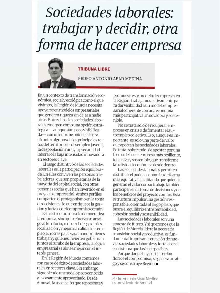 amusal (@amusal) on Twitter photo Sociedades laborales: trabajar y decidir, otra forma de hacer empresa. laopiniondemurcia.es/opinion/2025/0… Un artículo de <a href="/PedroAabad/">Pedro Abad Medina</a>, presidente de amusal en tribuna libre de <a href="/diariolaopinion/">La Opinión de Murcia</a> Sociedades laborales: trabajar y decidir, otra forma de hacer empresa. laopiniondemurcia.es/opinion/2025/0… Un artículo de <a href="/PedroAabad/">Pedro Abad Medina</a>, presidente de amusal en tribuna libre de <a href="/diariolaopinion/">La Opinión de Murcia</a>