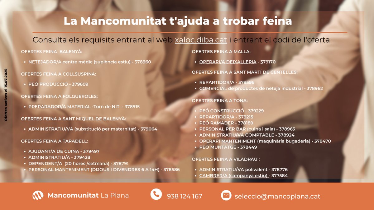 Estàs buscant feina❓ 🔎

Ja ho saps, oi que a la <a href="/Mancoplana/">Mancomunitat La Plana</a>  t'ajudem a trobar-ne❓ 🛠🖥

Consulta les ofertes al cartell ➡