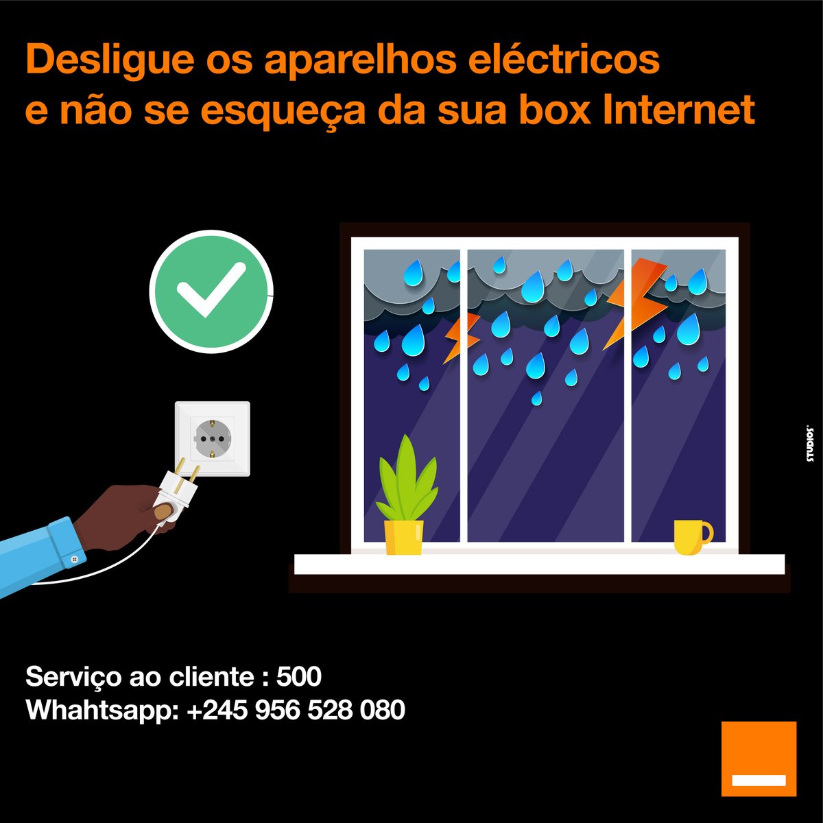 🌧️ Em dias de chuva e trovoada:
🔌 Desligue a Box e a antena da corrente
⚡ Use protectores de energia
✅ Evite danos nos seus equipamentos
Prevenir é manter-se ligado.

#OrangeBissau 
#OrangeStaLi
#PrevençãoÉConexão