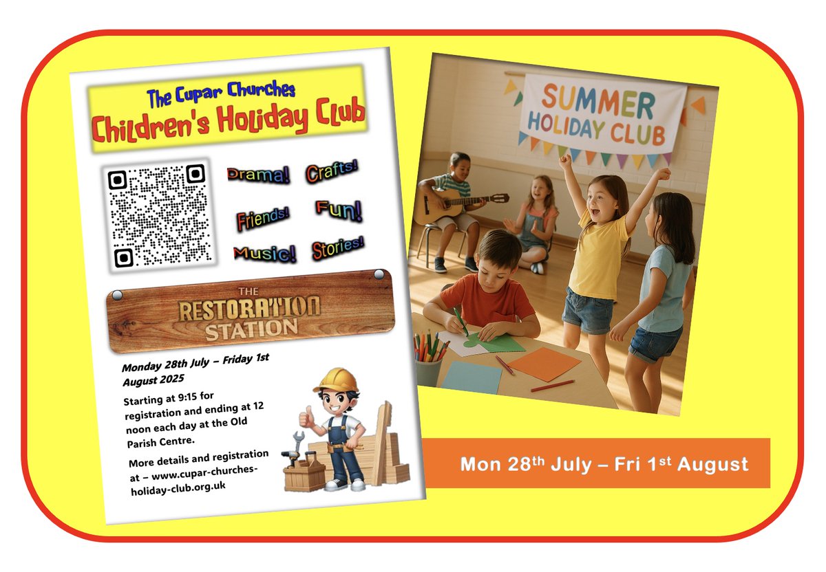 Cupar's Churches offer a cracking kids club this summer! Register now via bit.ly/CuparChurchesH…
The 'Restoration Station' kicks off on Monday 28th July and runs through until Friday 1st August.
Each day's activities start at 9:15 for registration - and run until noon. #cupar