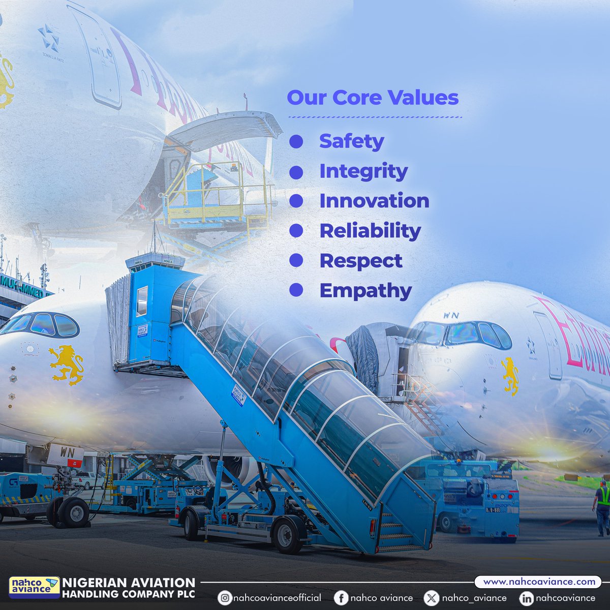 Our core values are at the heart of our operations. From ensuring your safety to handling with integrity and innovating for reliability, our core values of Safety, Integrity, Innovation, Reliability, Respect, and Empathy shape everything we do for you.

#nahcoaviance