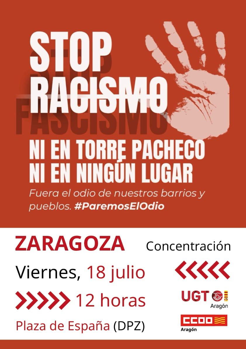 🔴Contra el racismo y la xenofobia; unidad dignidad y democracia

‼️El odio y la violencia hacia las personas por su origen o color de piel es inadmisible en una sociedad democrática

📢Concentración en repulsa a actos racistas de Torre Pacheco
🗓️18 de julio
🕛 12 h
📍Pza España