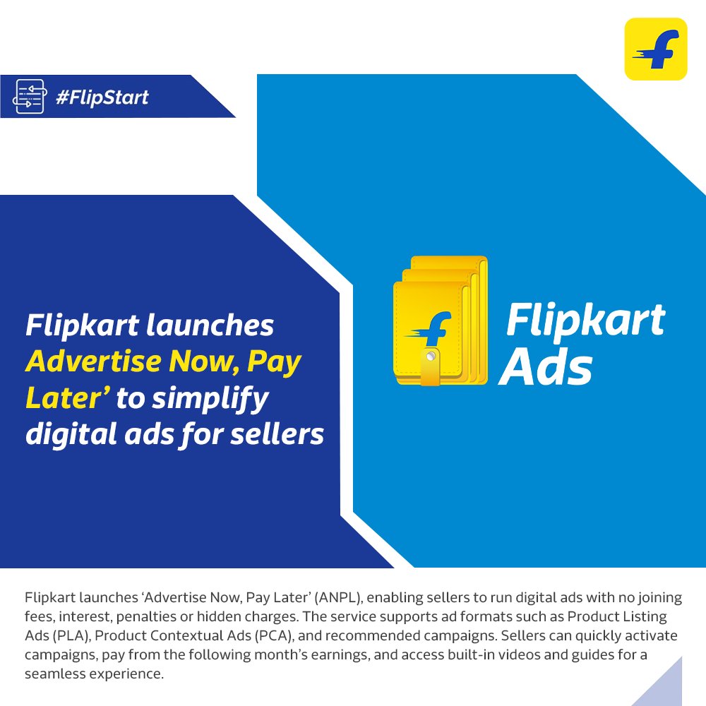 FlipkartStories's tweet image. .@Flipkart launches ‘Advertise Now, Pay Later’ (ANPL), giving sellers the ability to run digital ads with no upfront cost, interest or hidden charges.
ANPL supports ad formats such as Product Listing Ads, Product Contextual Ads, and recommended campaigns. Sellers can access…