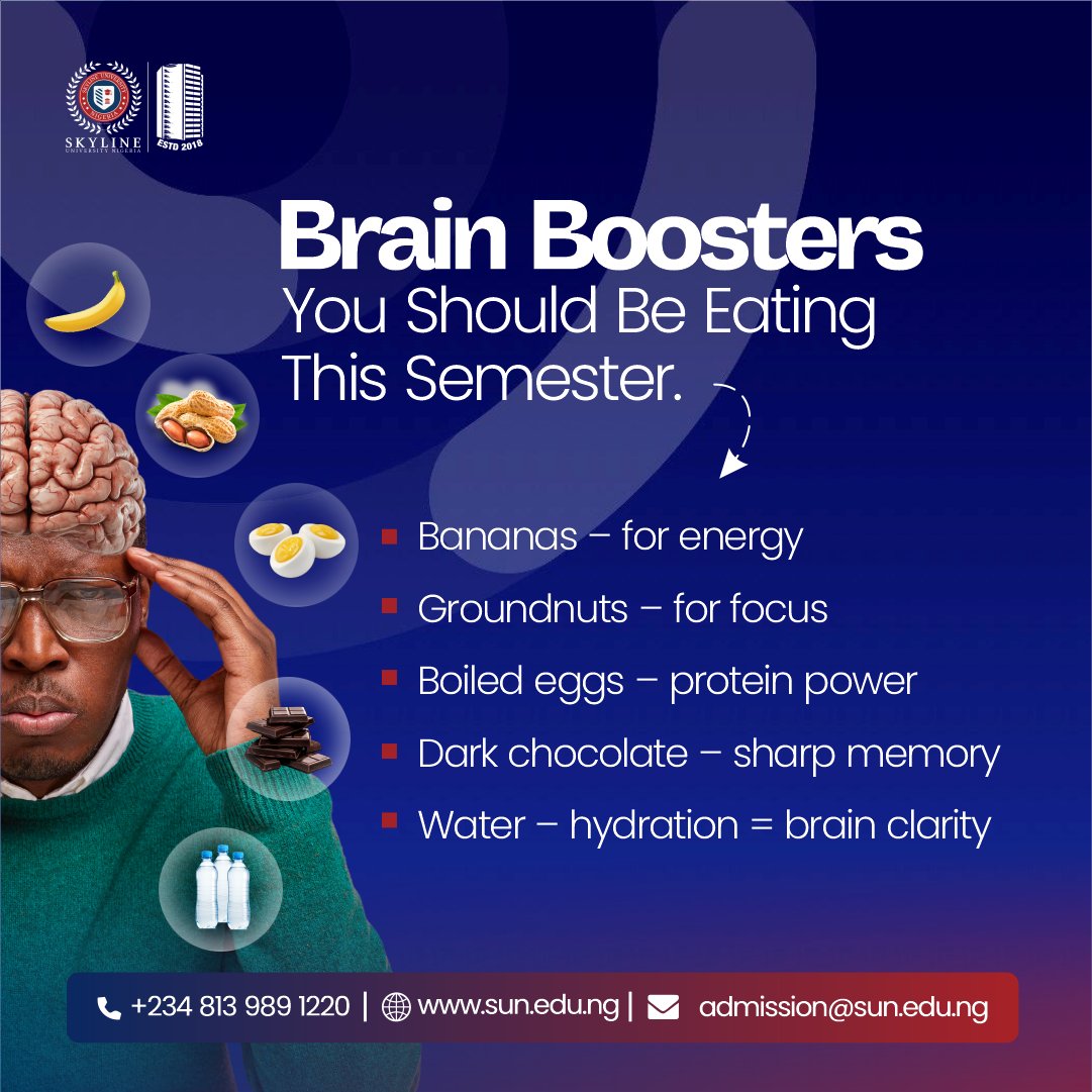 Do you want to boost your brain and excel in your studies this semester?

Here are brain boosters recommended just for you.

#brainbooster #semesterbegins #academicexcellence #skylineuniversity