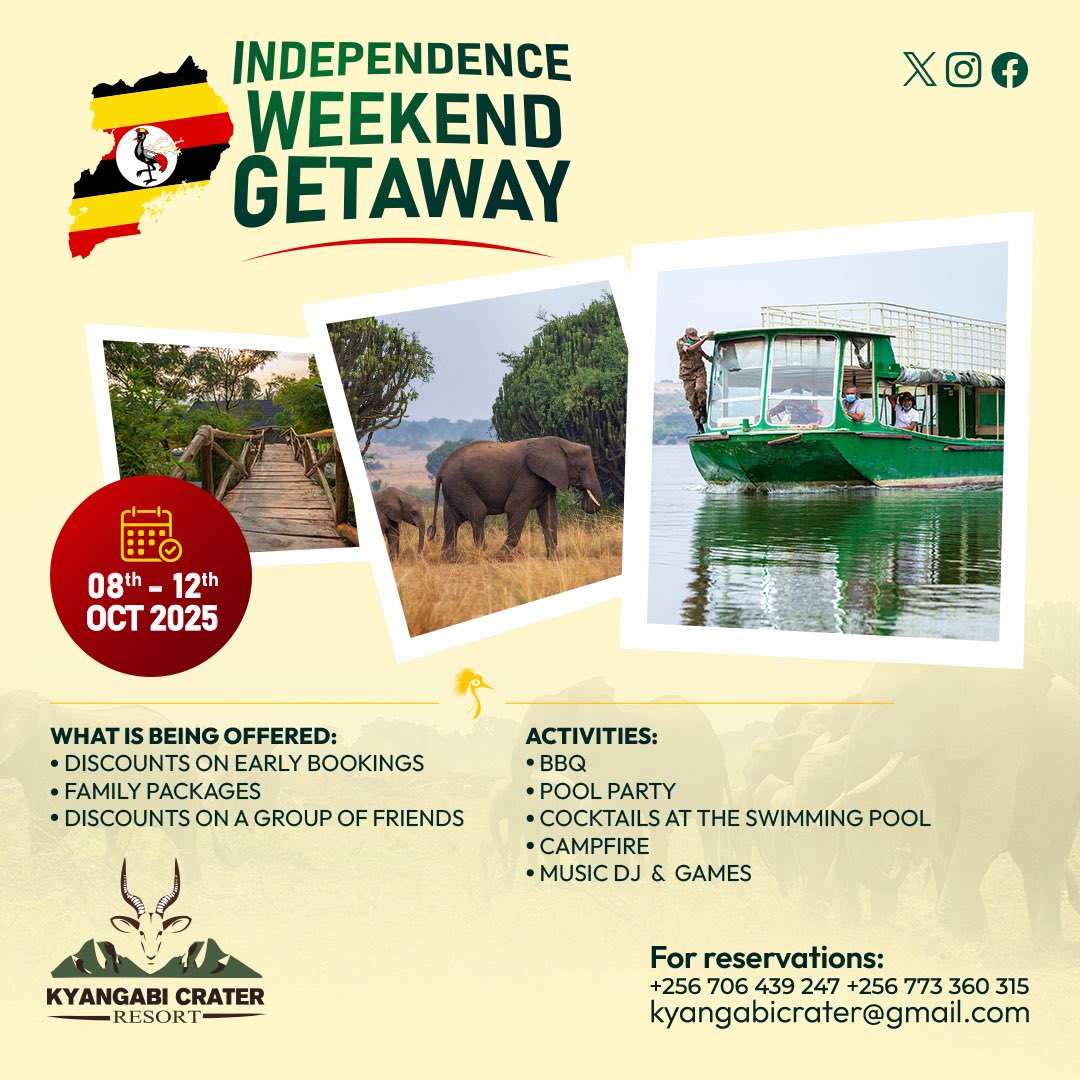 Kyangabi_Resort's tweet image. Big Plans Alert ๐จ
Your Independence Day Holiday needed a treat and we are serving. A weekend getaway out of Kampala, in the game park exploring the beauty๐บ๐ฌ
Share with family and friends. Get ready!
Booking: kyangabicrater.com
#VisitKyangabi
#ExploreUganda