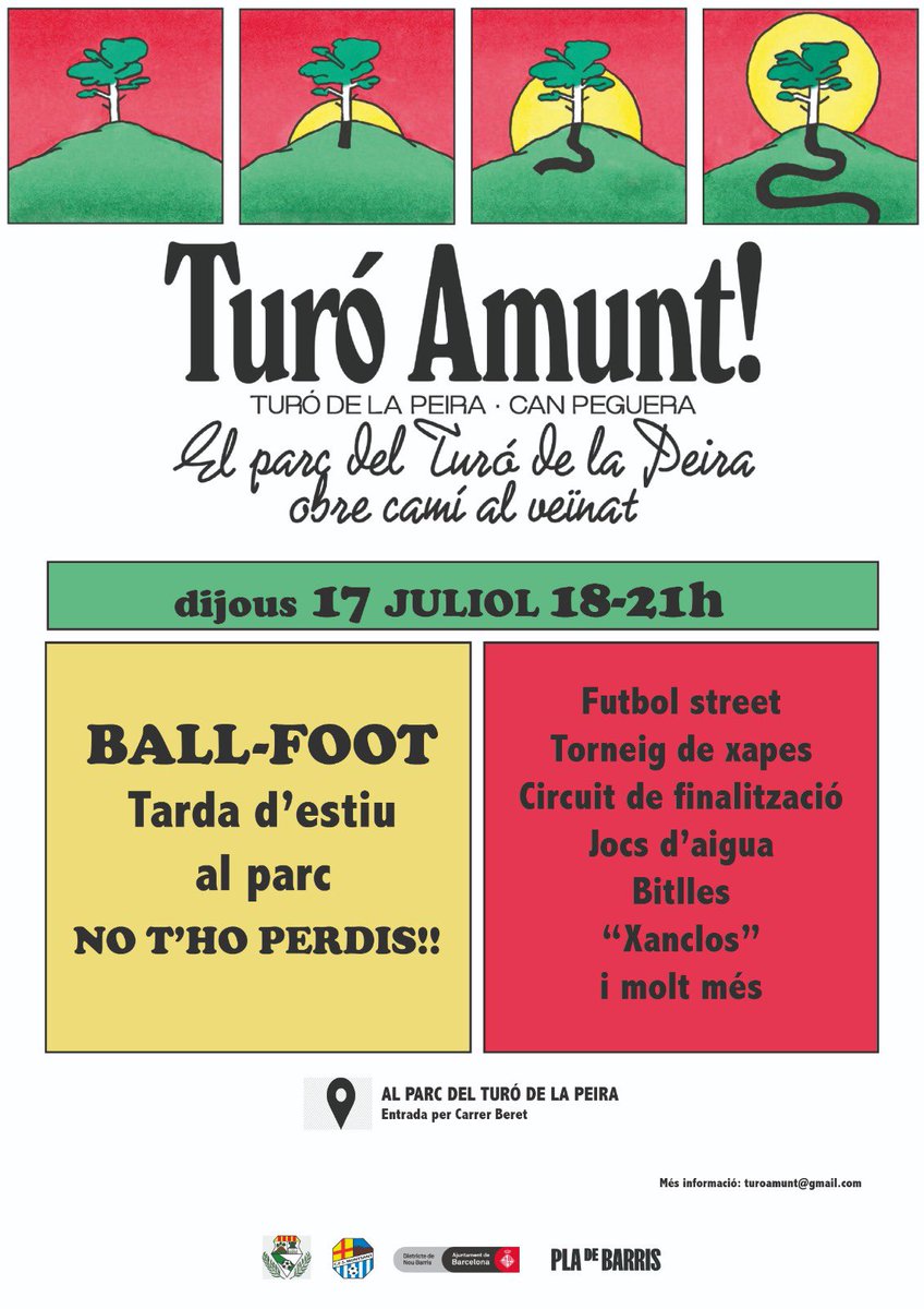 Tarda de jocs i diversió per a totes les edats! Us esperem avui al Parc del #TurodelaPeira #NouBarris Dijous 17/07 a les 18h.🌳🥅 Turó Amunt!